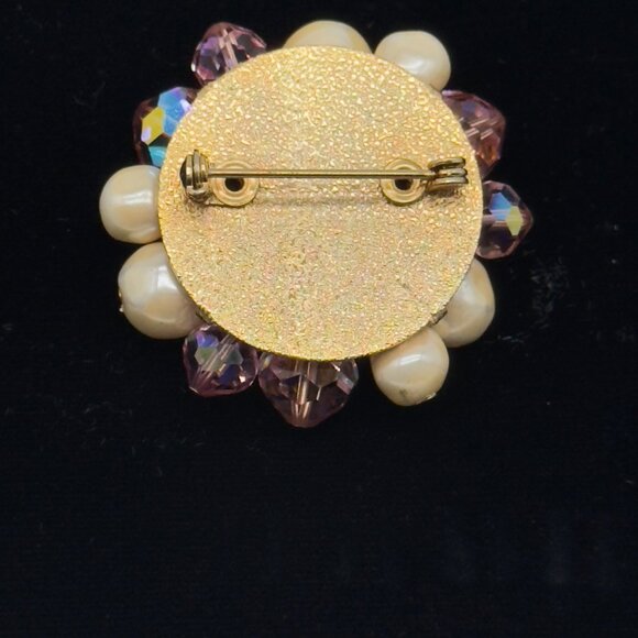 Vintage Faux Pearl Pink Aurora Borealis Crystal Cluster Brooch Pin - Picture 2 of 7